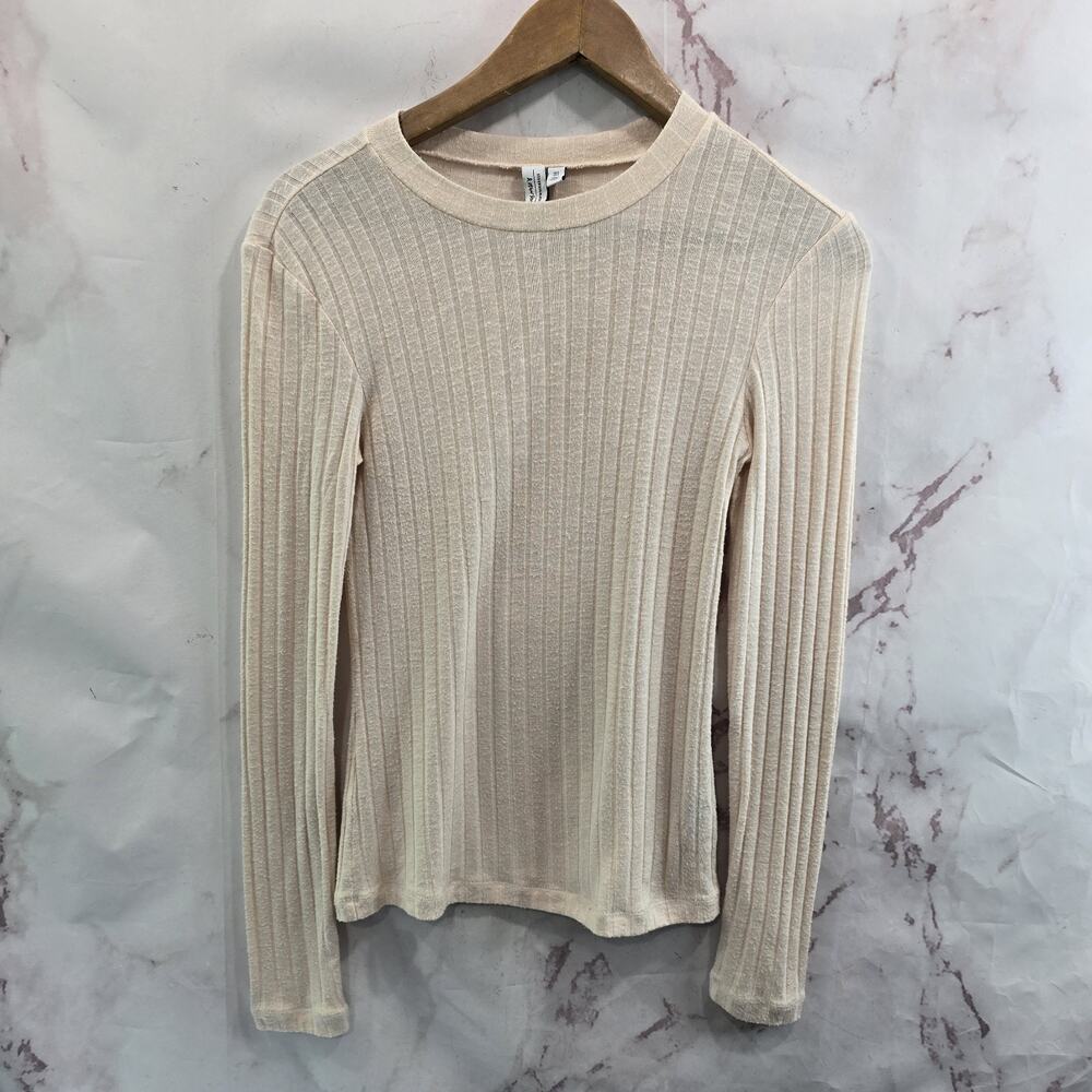 & Other Stories T Shirt Womens 2 XS Beige Pink Long Sleeve Ribbed Tee Crew